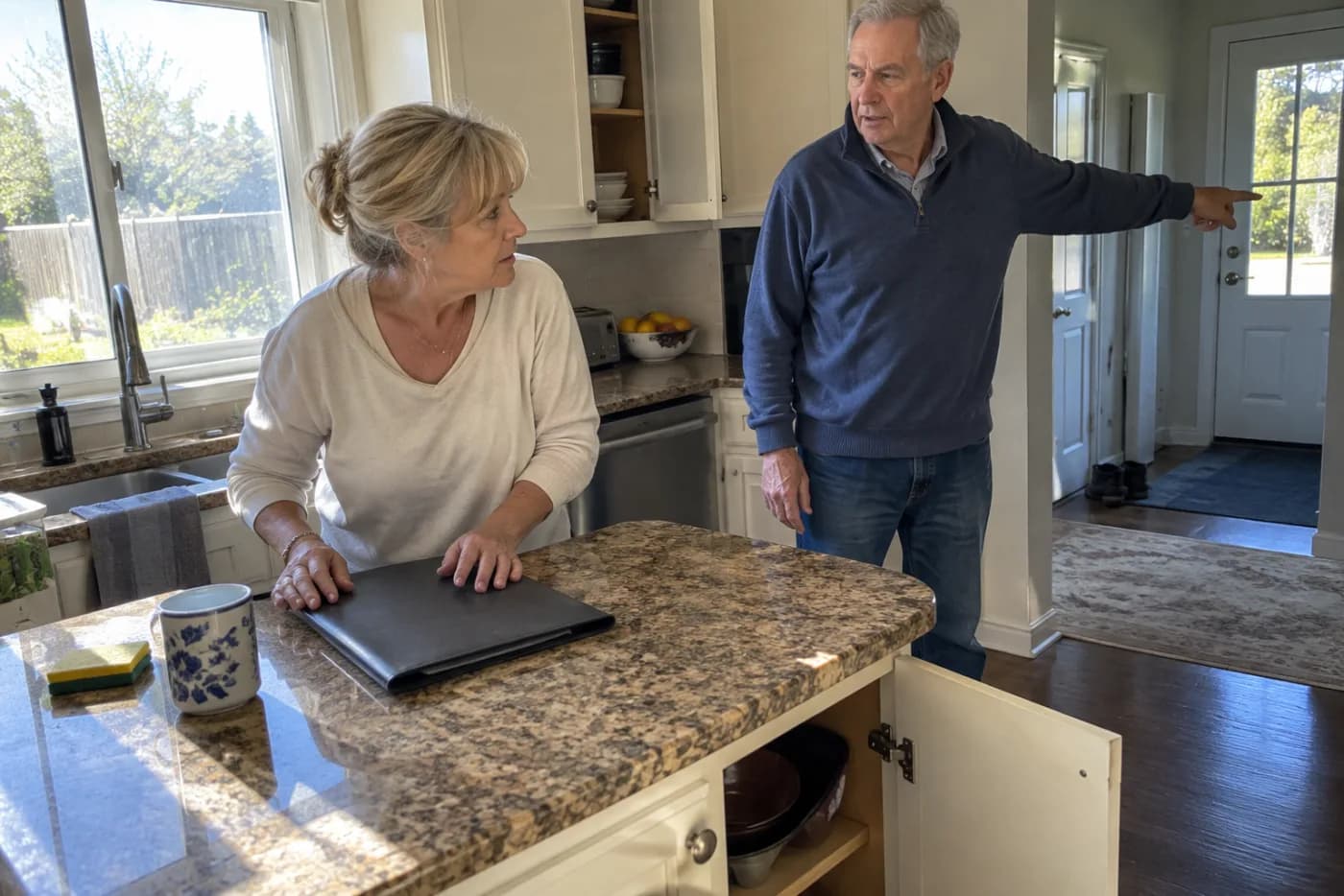 Older woman reading closing papers at a kitchen counter.