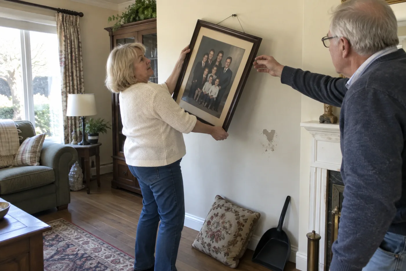Older woman lifting a framed family portrait from a living room wall.