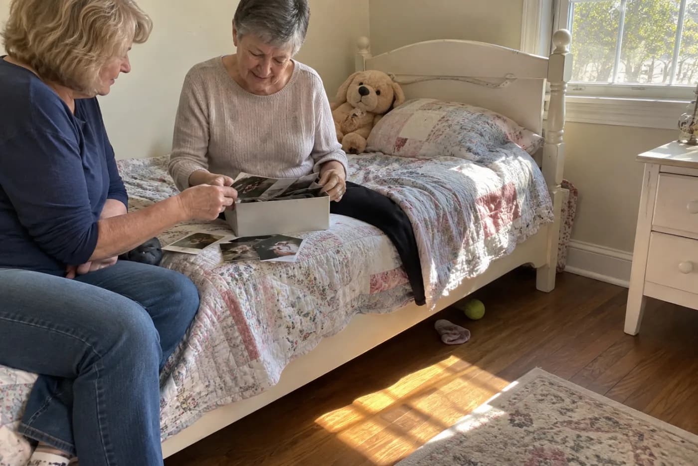 Older woman opening a shoebox of school photographs beside a child’s old bed.