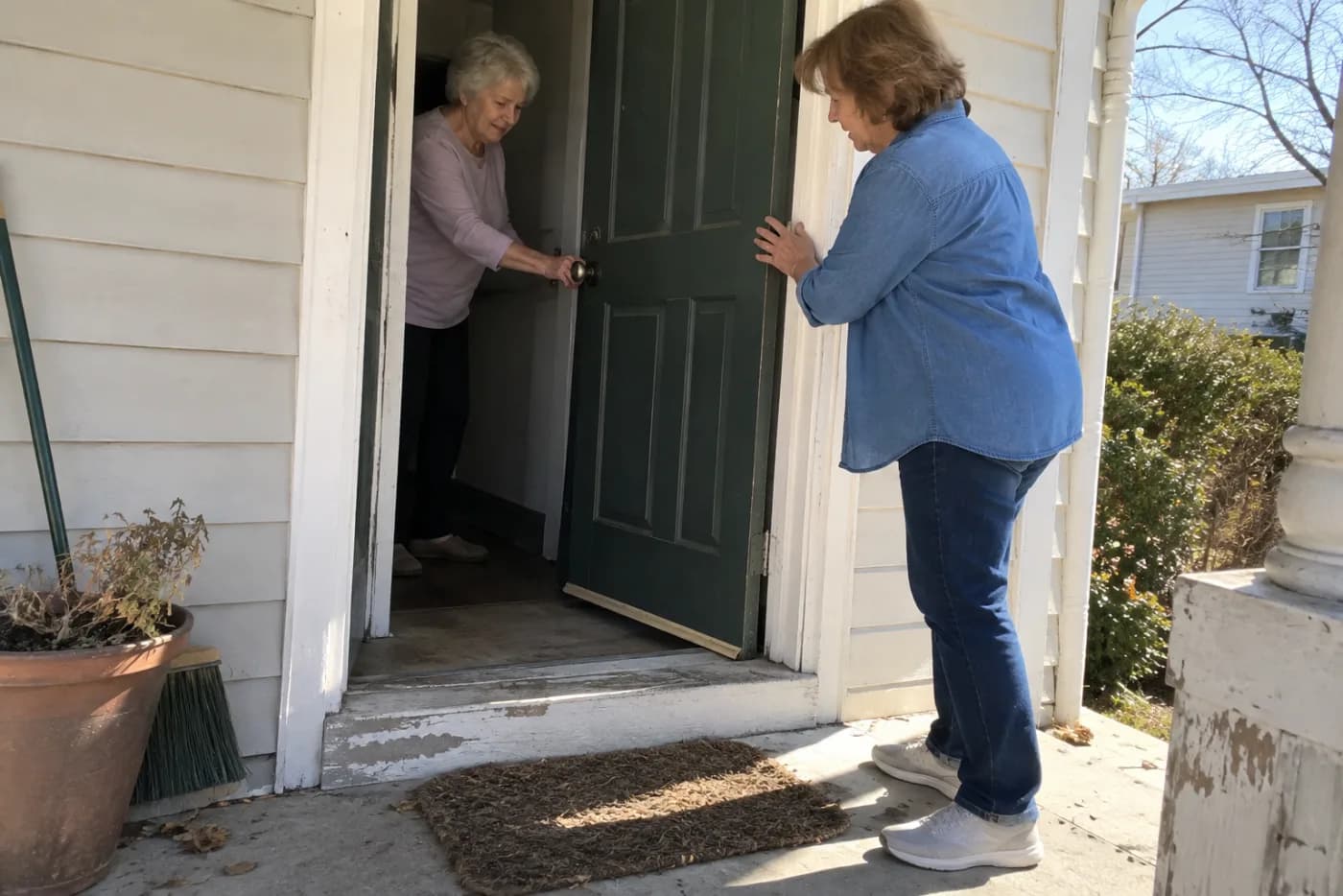 Older woman pulling a front door closed from the porch of an empty house.