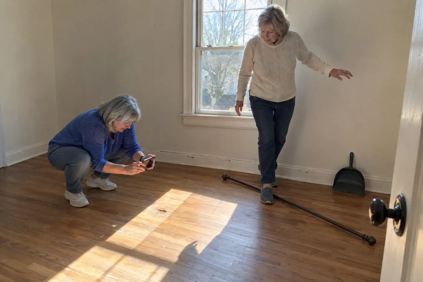 Older woman photographing a dent in the floor of an empty bedroom.