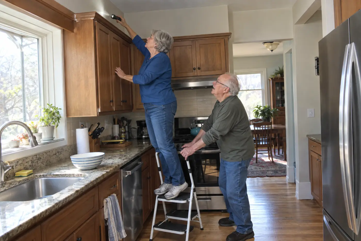 Older woman shining a flashlight above her kitchen cabinets.