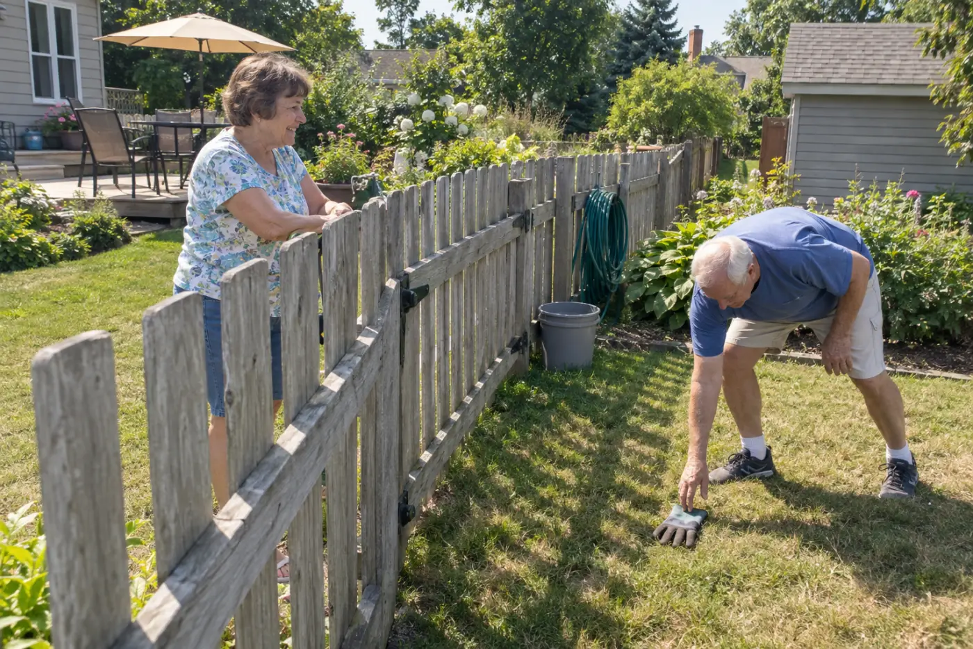 Older woman speaking with her neighbor at the fence between their yards.