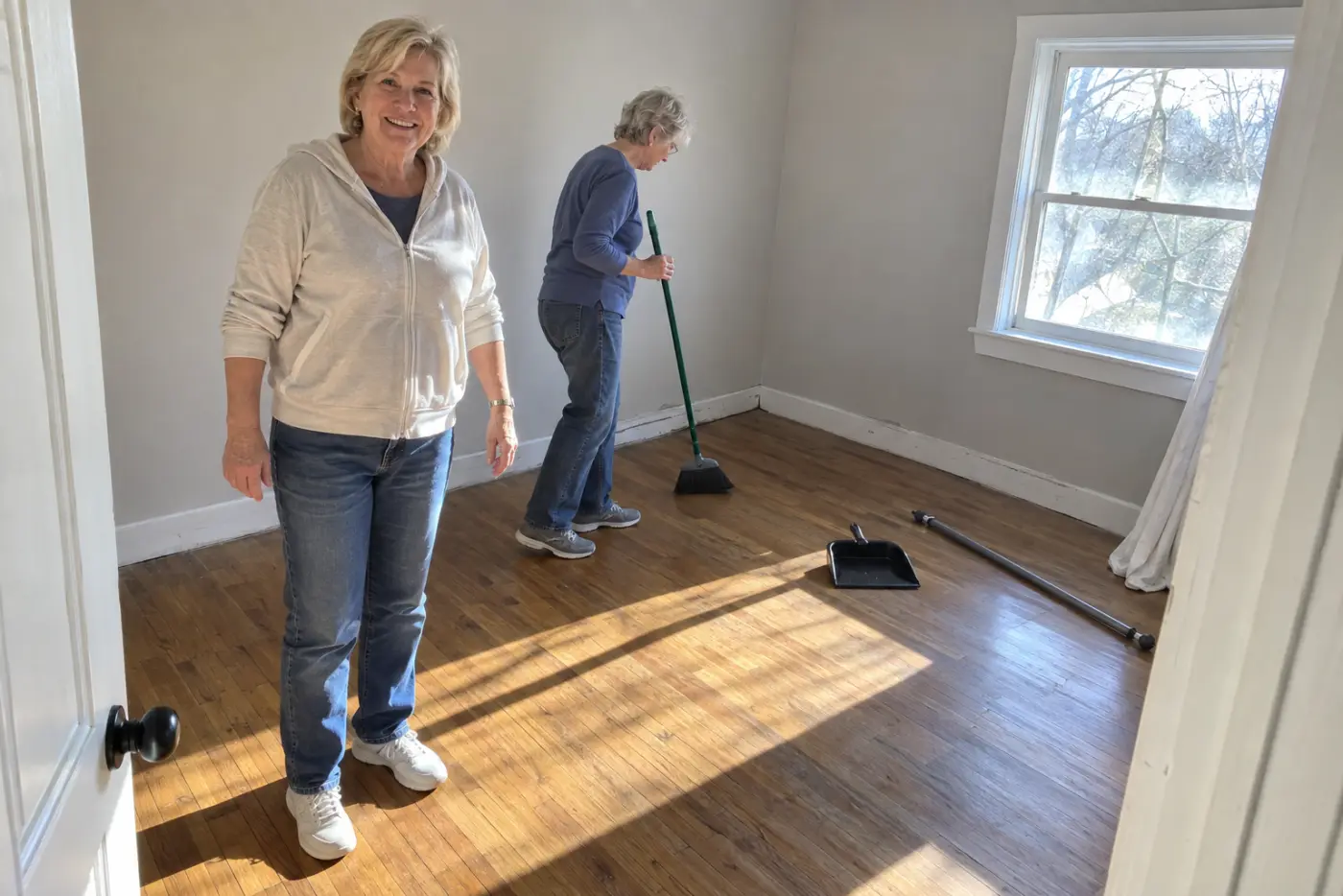 Older woman photographing an empty bedroom from its doorway.