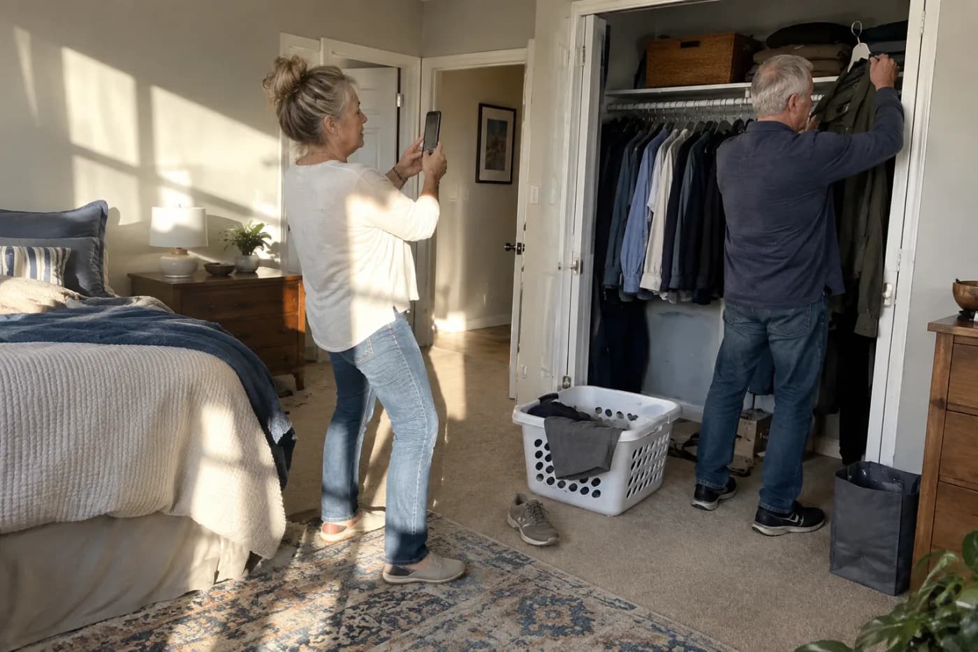 Older woman photographing a closet in her grown child’s old bedroom.