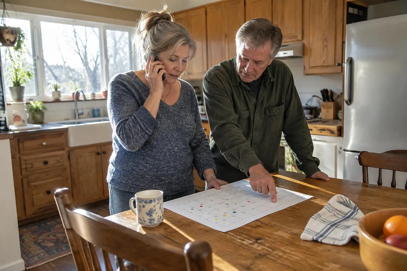 Older woman calling her brother beside a calendar on her kitchen table.