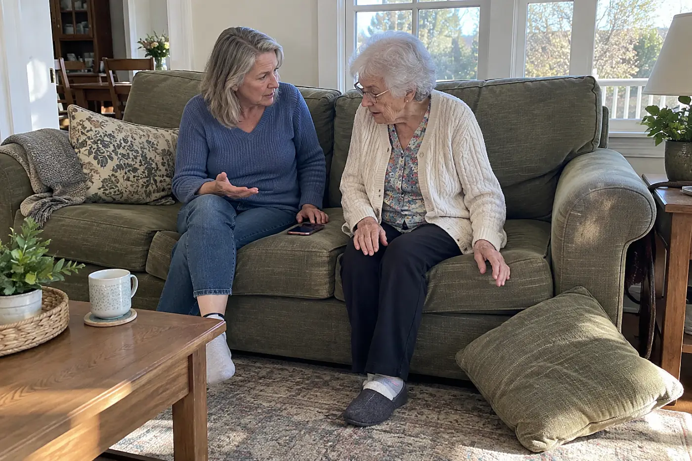 Woman asking her mother about a patient portal on a living room sofa.