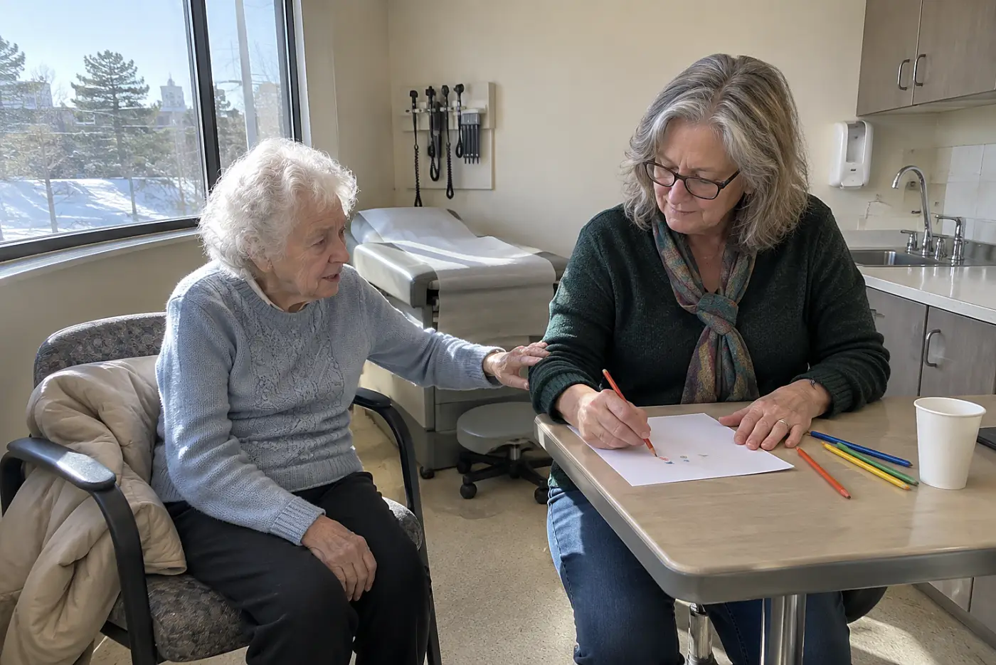 Older woman writing notes beside her mother in a clinic exam room.