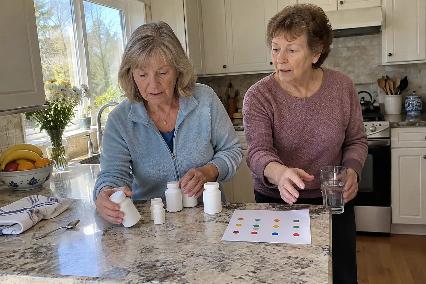Woman arranging medicine bottles beside a handwritten list on a counter.