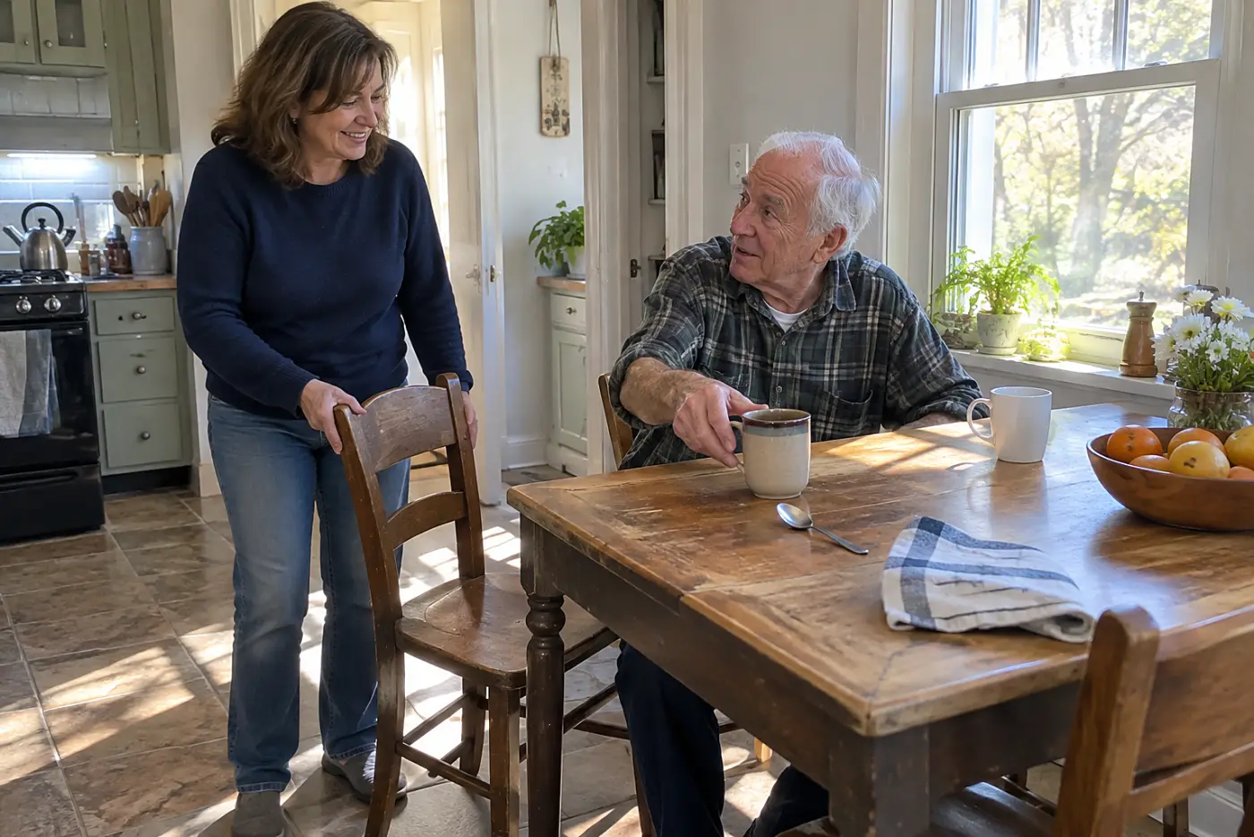 Older man talking with his daughter at the kitchen table.