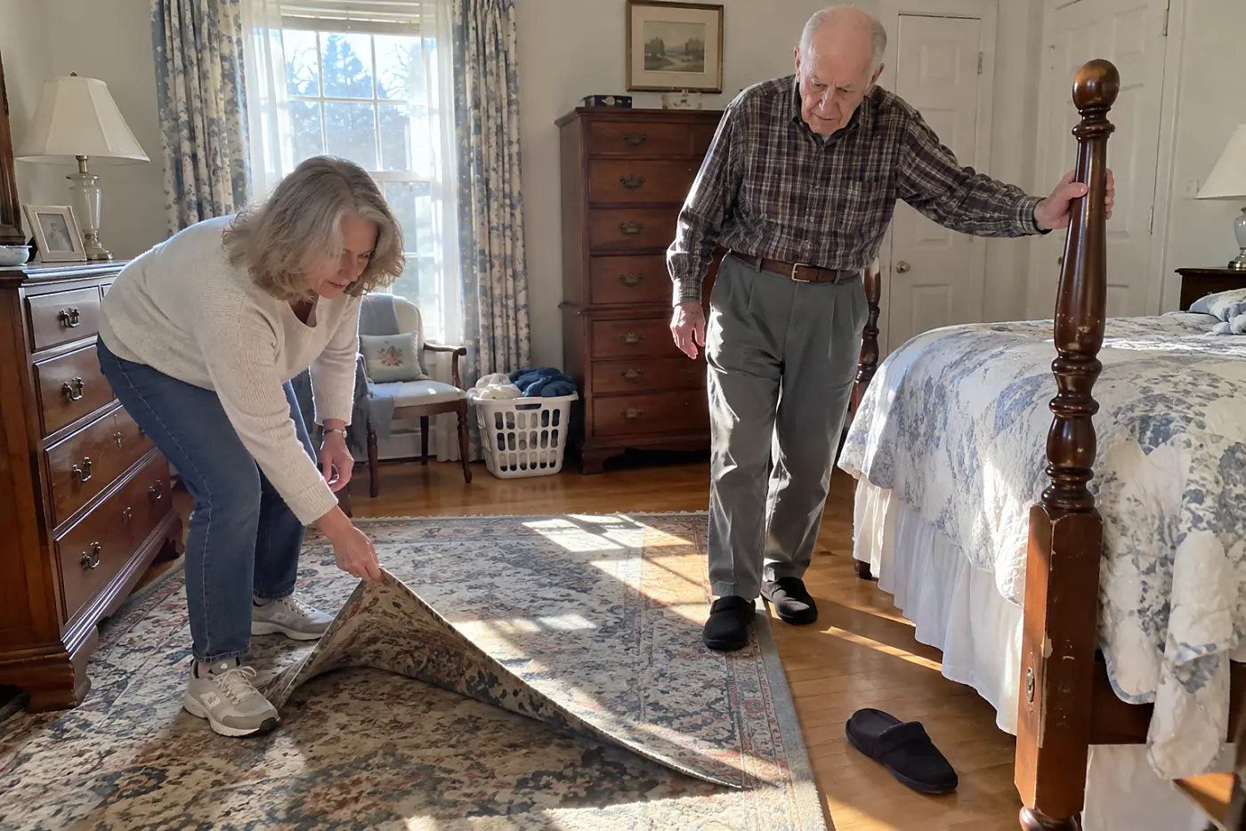Older woman moving a loose rug from beside her father's bed.