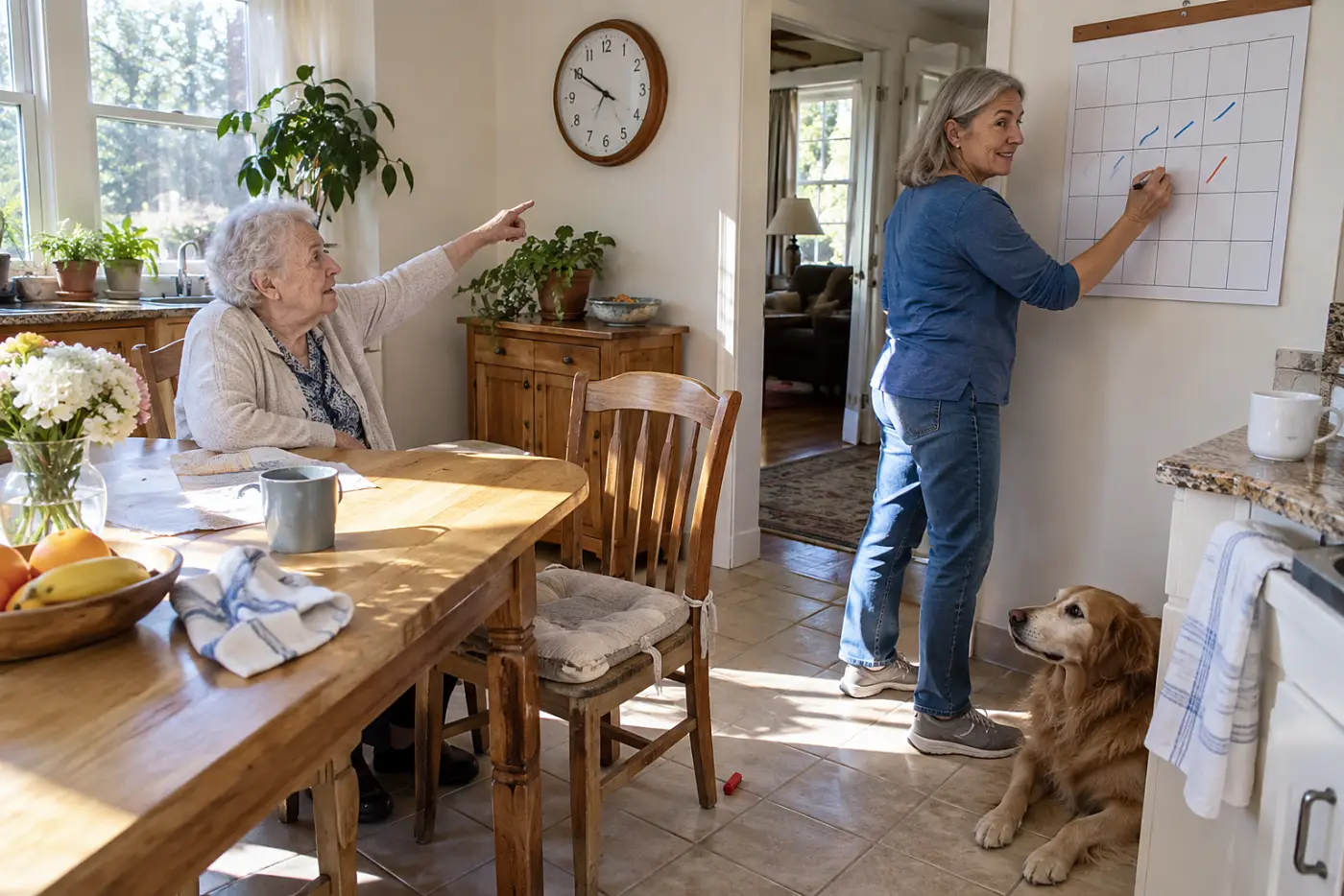 Woman marking an aide's hours on a wall calendar at home.