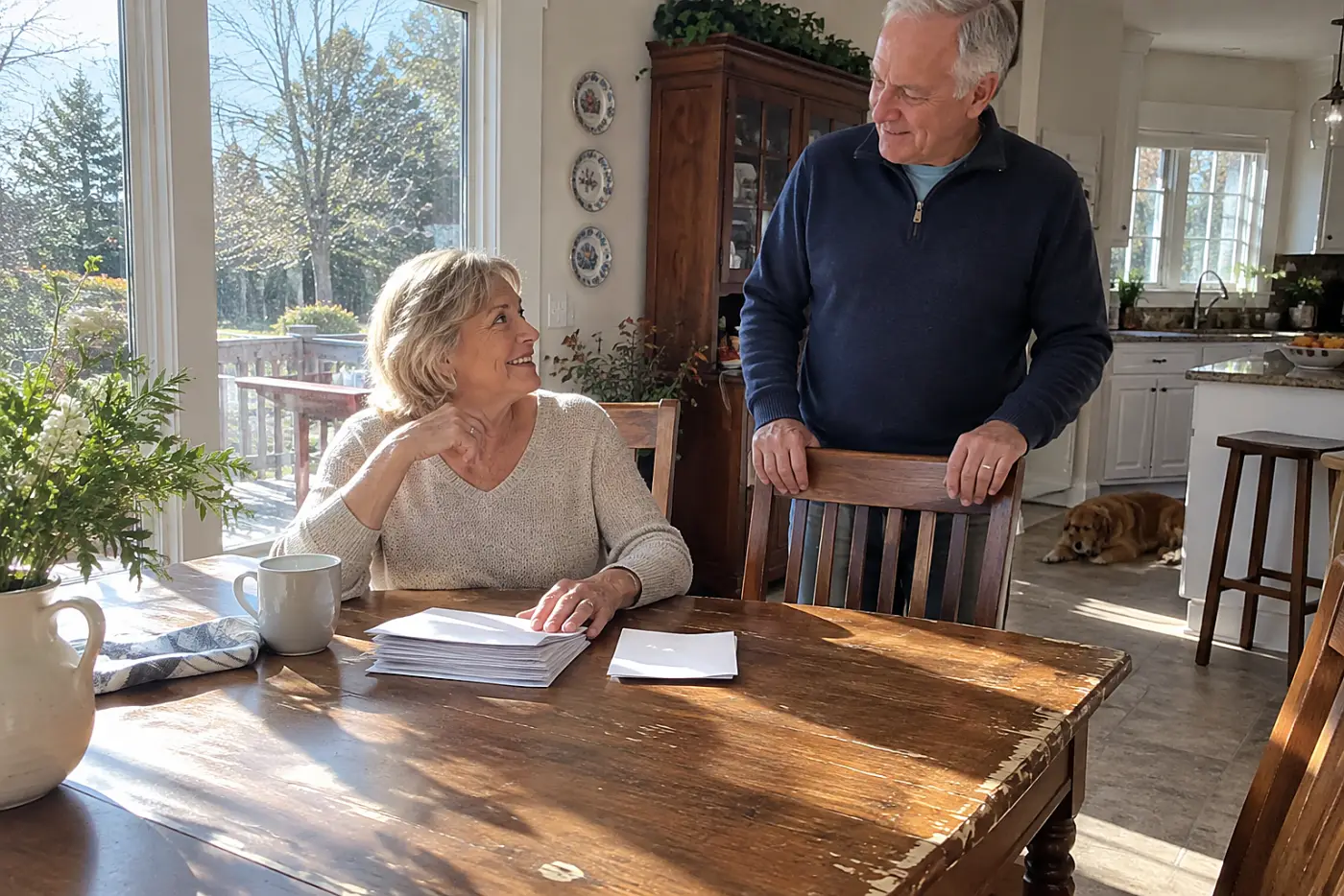 Woman reading a rehabilitation facility bill at her dining table.