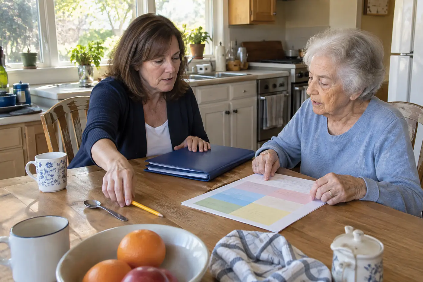 Older woman reviewing discharge papers with her mother at a kitchen table.