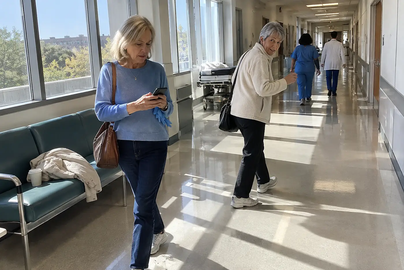 Woman checking missed calls on her phone in a hospital hallway.