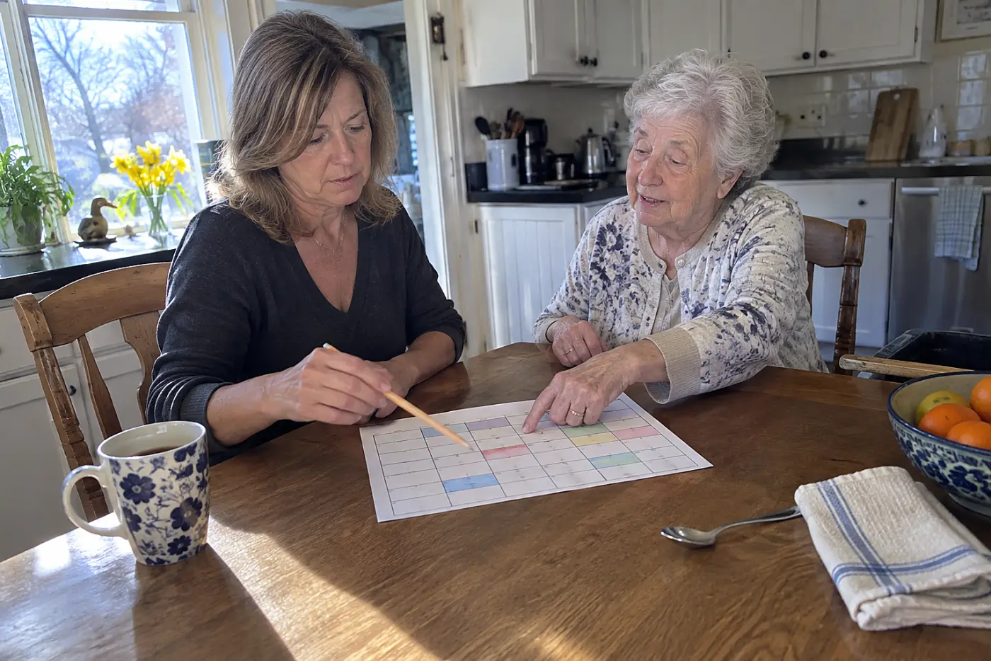 Older mother reviewing a weekly care schedule with her daughter at the kitchen table.
