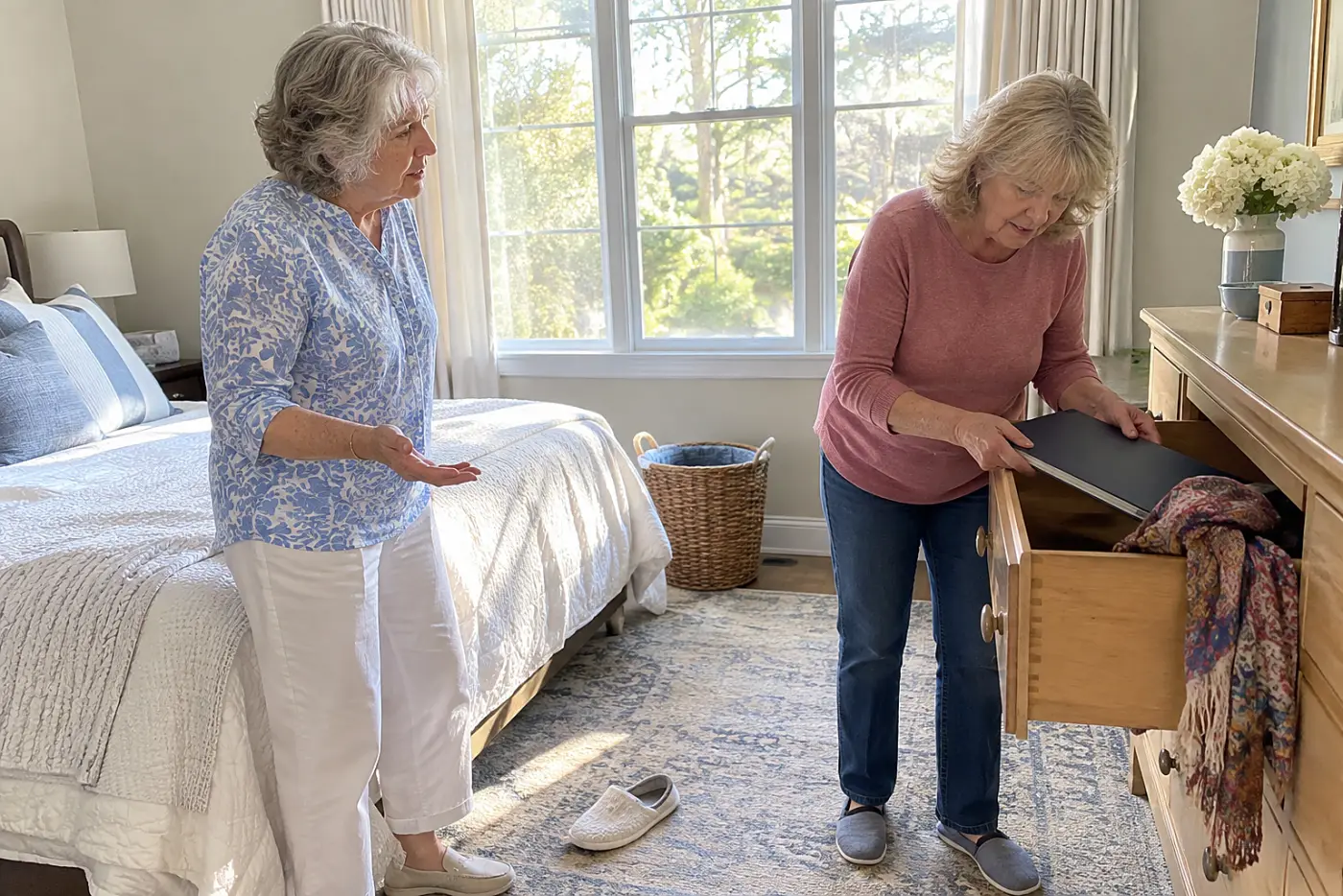 Woman removing a signed health care document from a bedroom drawer.