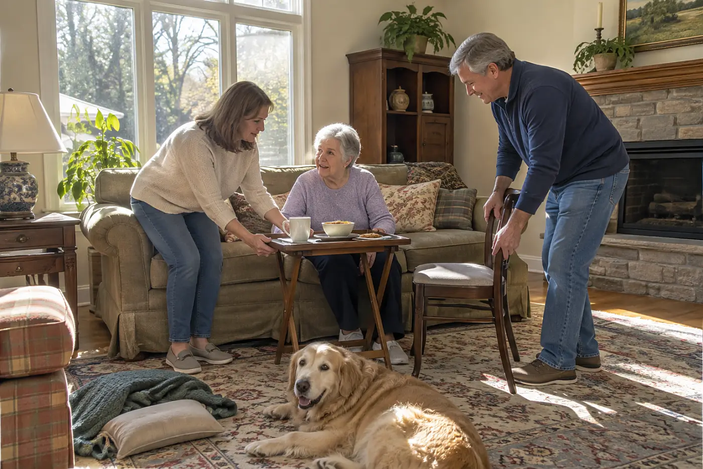 Older mother talking with her daughter and son at home.