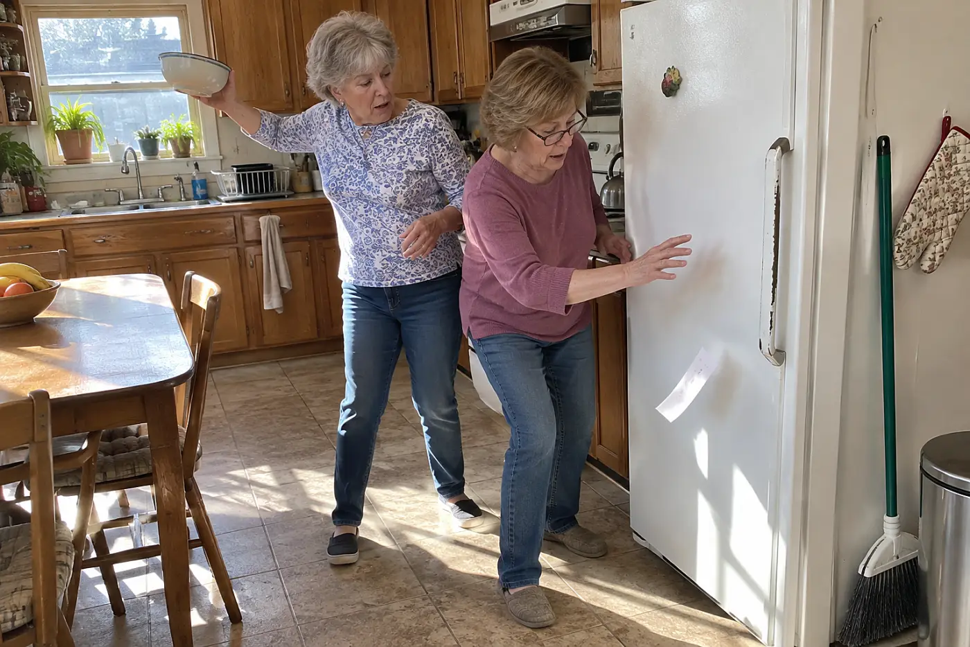 Older woman pinning a grocery receipt to a refrigerator.