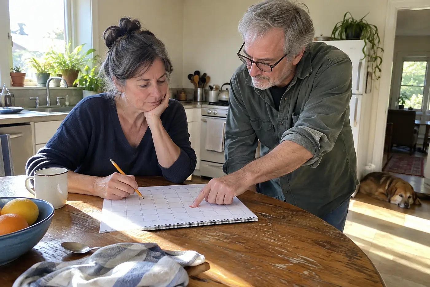 Woman writing a changed work shift beside a doctor's appointment on a kitchen calendar.