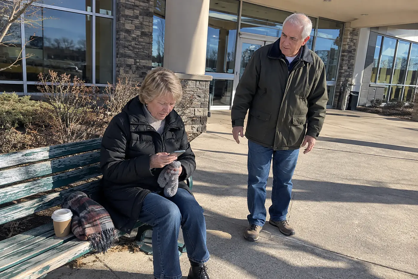 Older woman typing an appointment update on her phone outside a clinic.