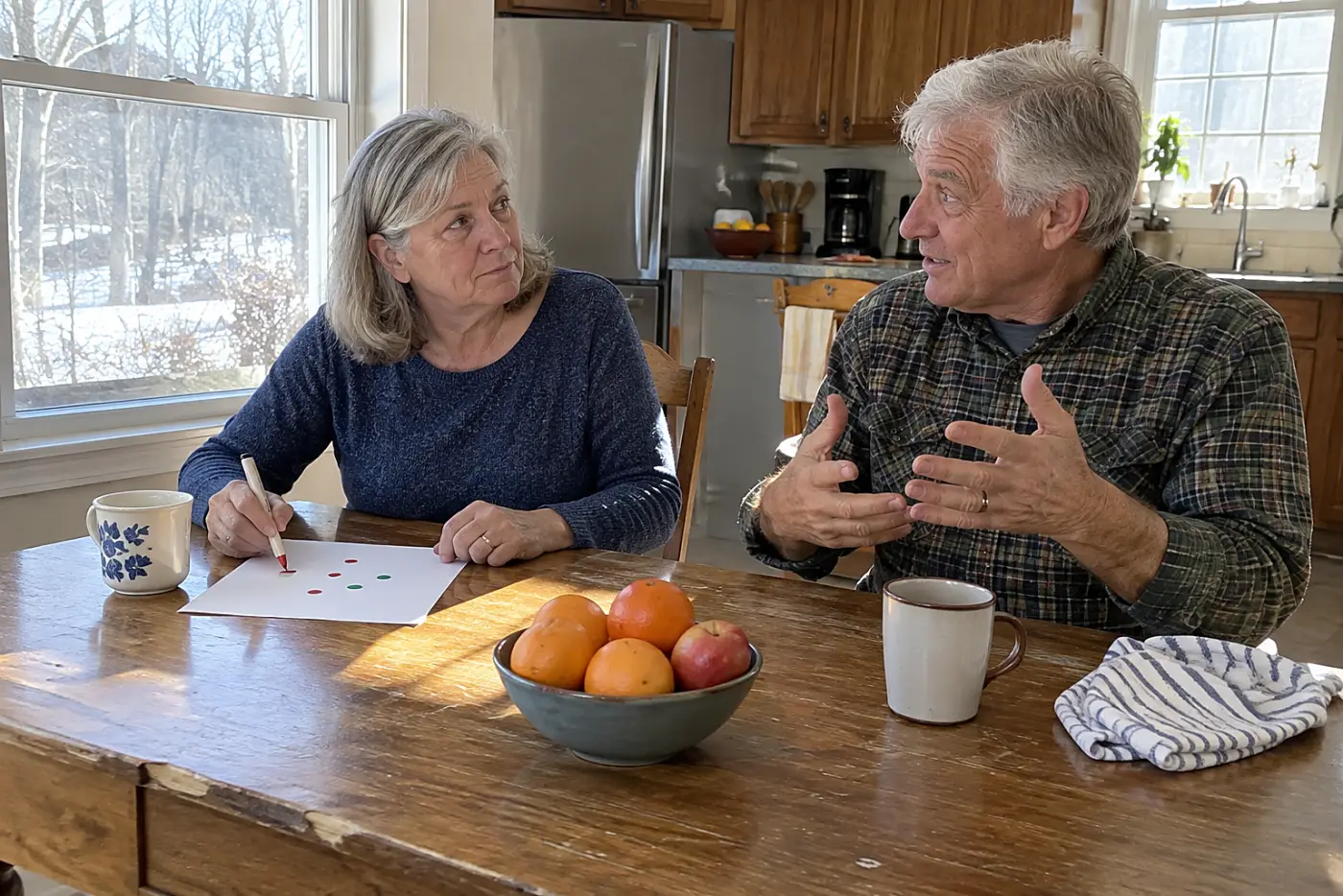 Woman writing meeting decisions at her kitchen table.
