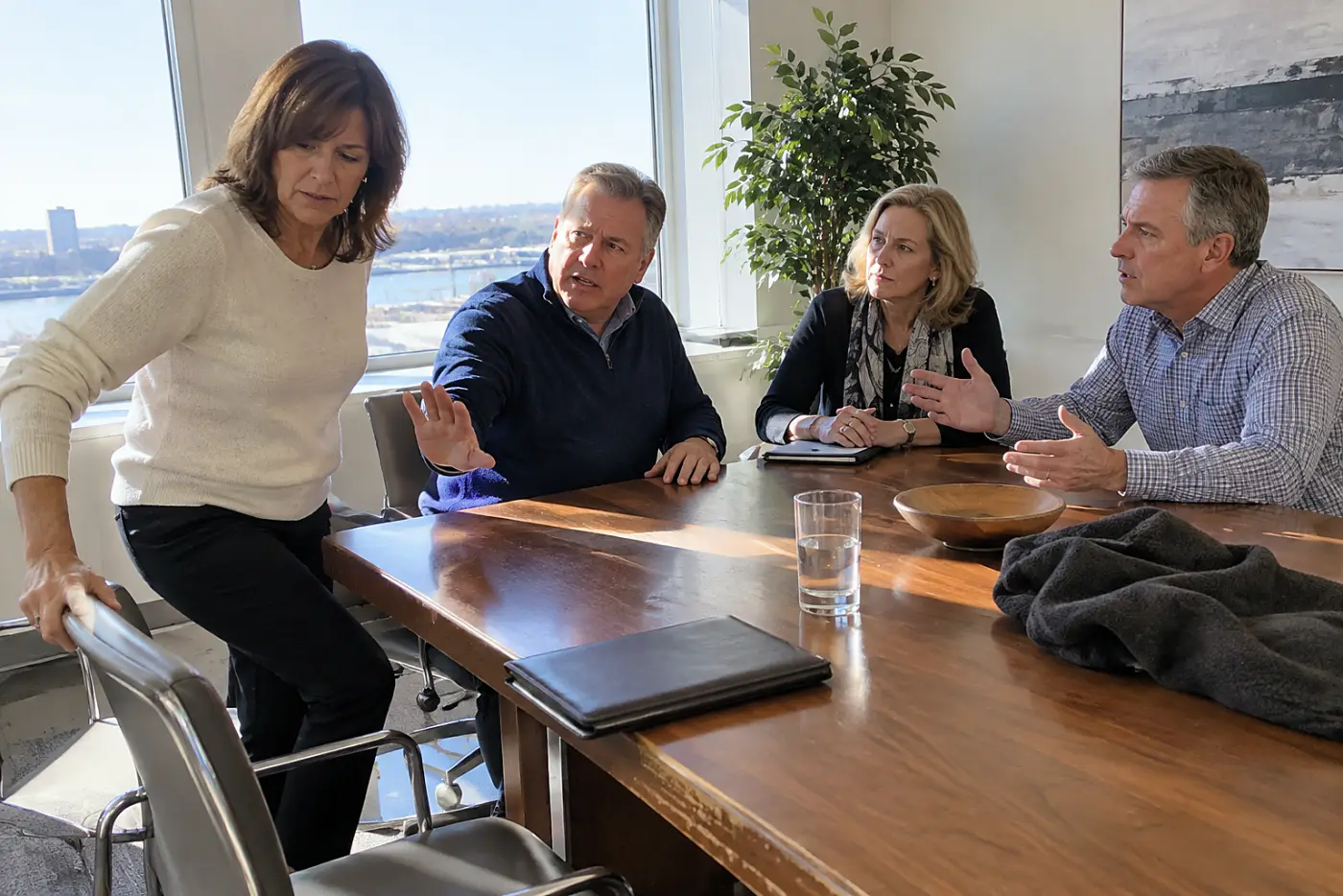 Adult siblings sitting with a mediator at an office table.