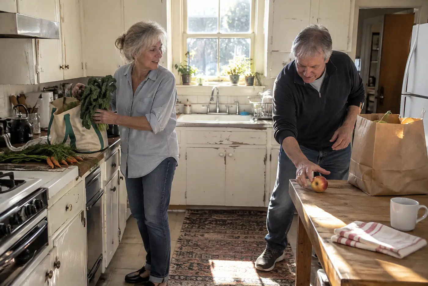 Woman speaking with her cousin beside grocery bags in a kitchen.