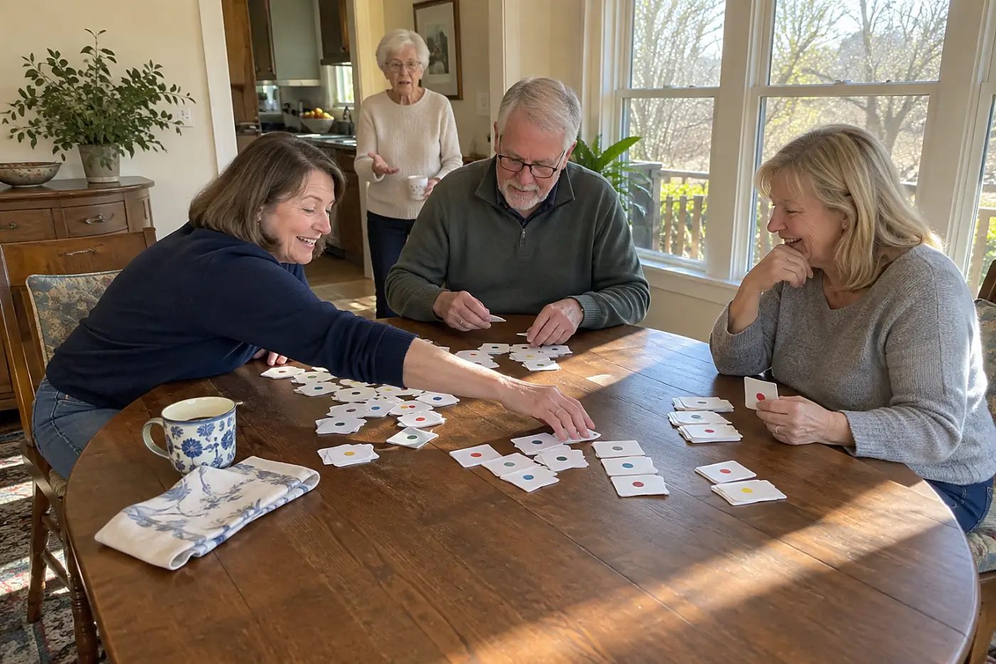 Adult siblings reviewing a task list around their parent's dining table.
