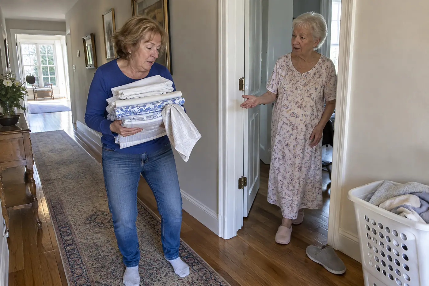Older woman carrying folded sheets through her mother's hallway.
