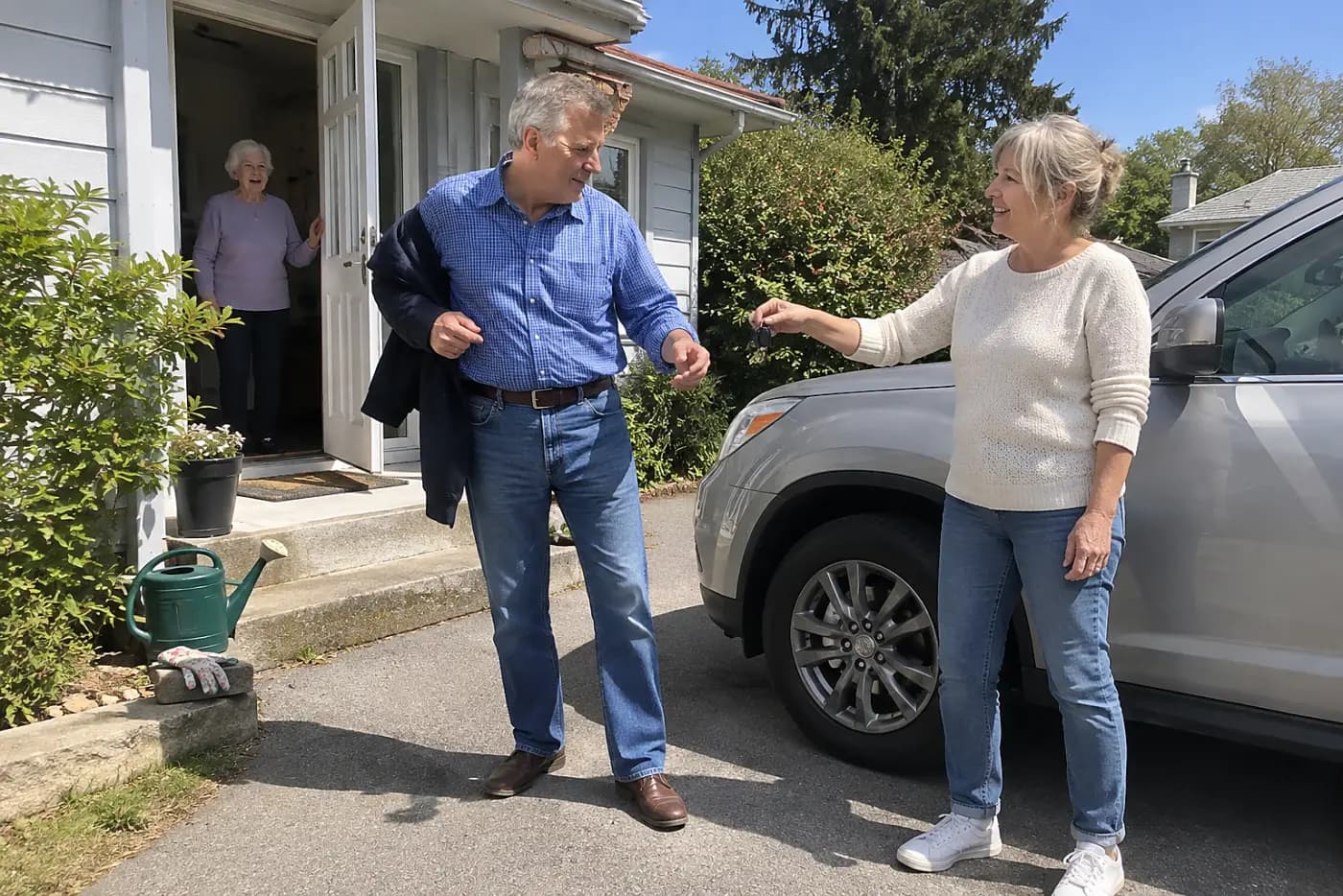 Woman handing her brother car keys in her mother's driveway.