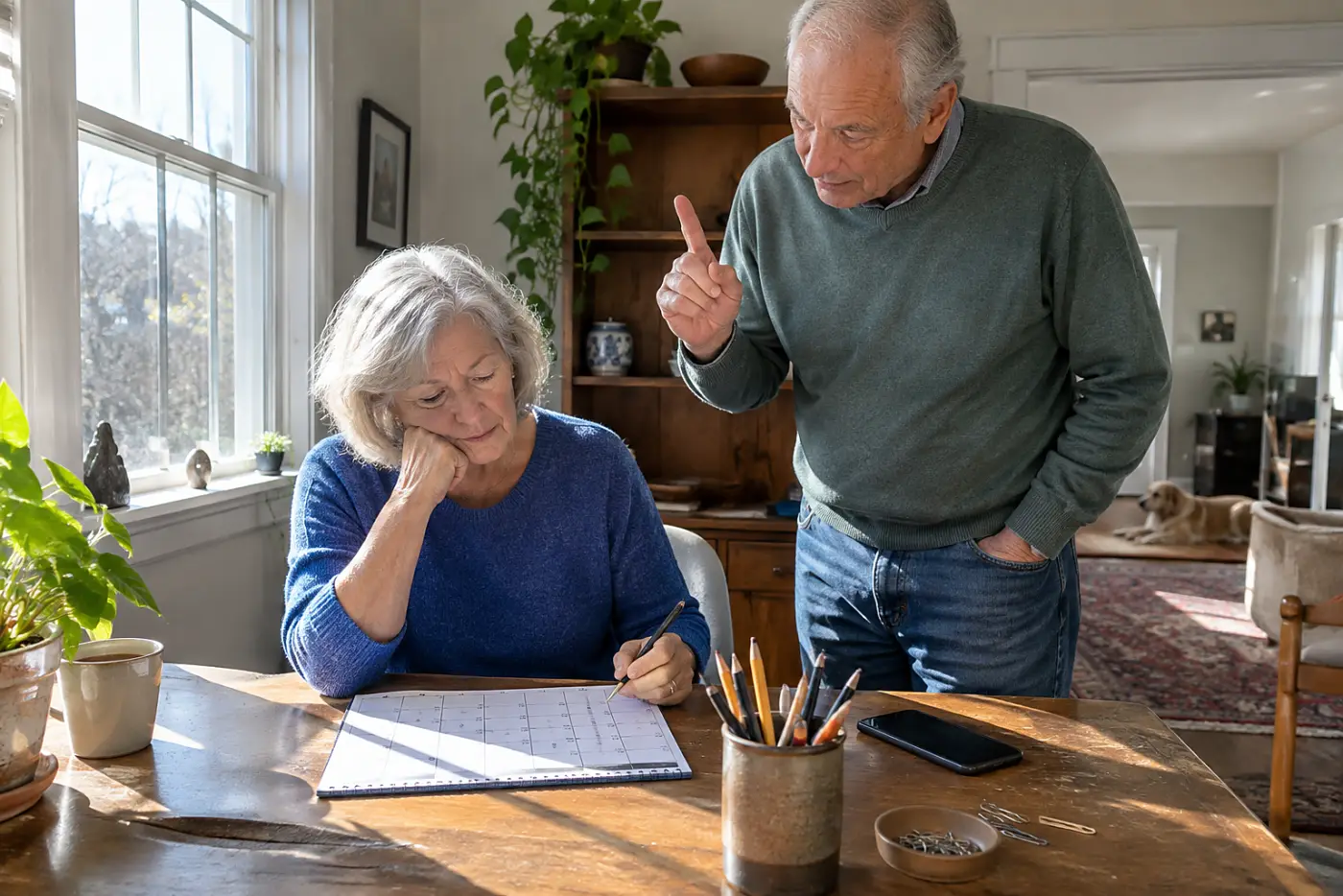 Older woman checking her calendar beside her phone at a desk.