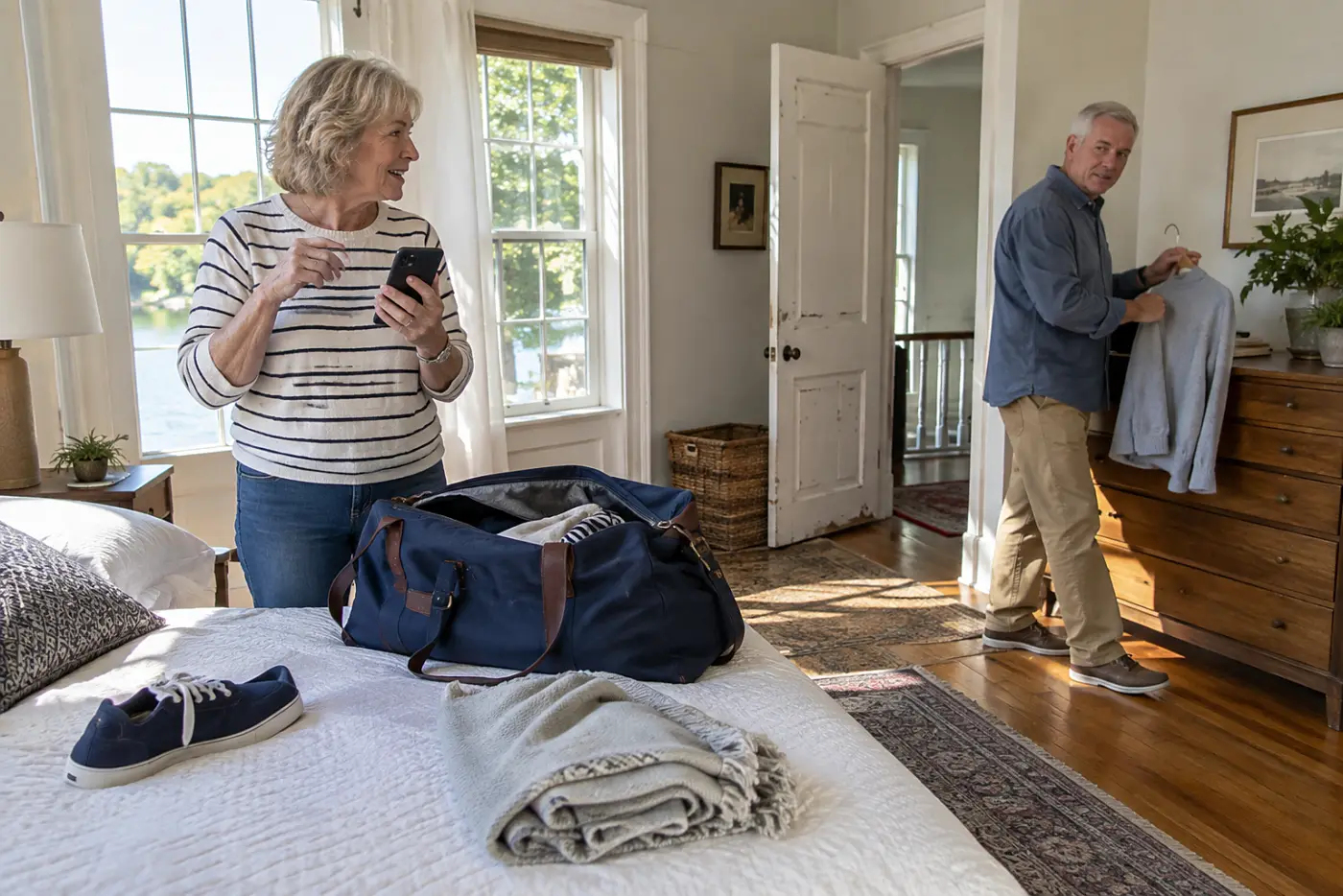 Older woman reading a family message while sitting beside a packed weekend bag.