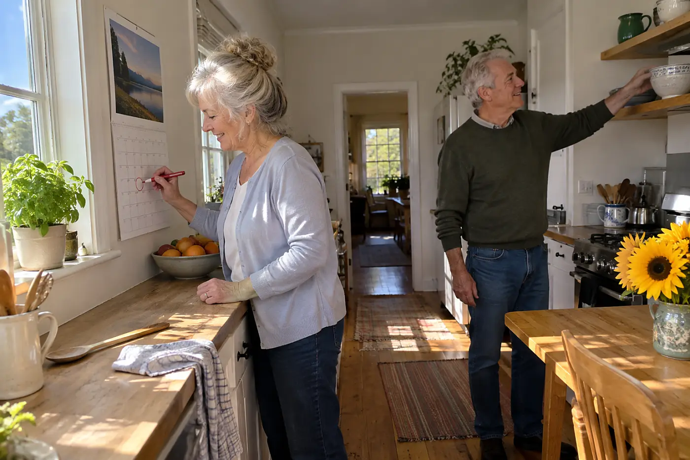 Older woman marking a holiday lunch on a calendar in her kitchen.