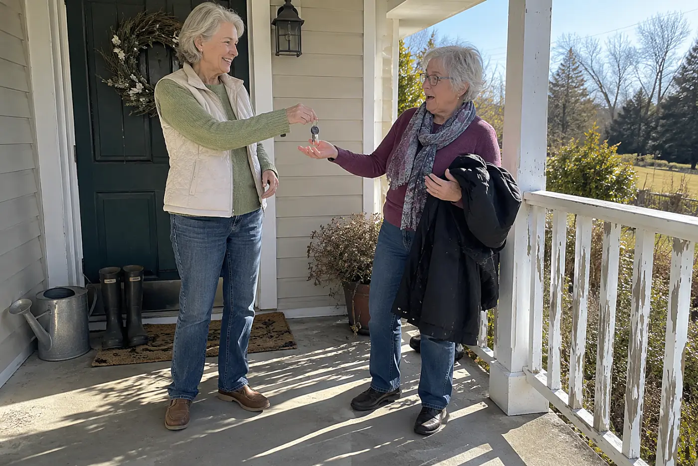 Older woman returning a house key to her sister on a front porch.