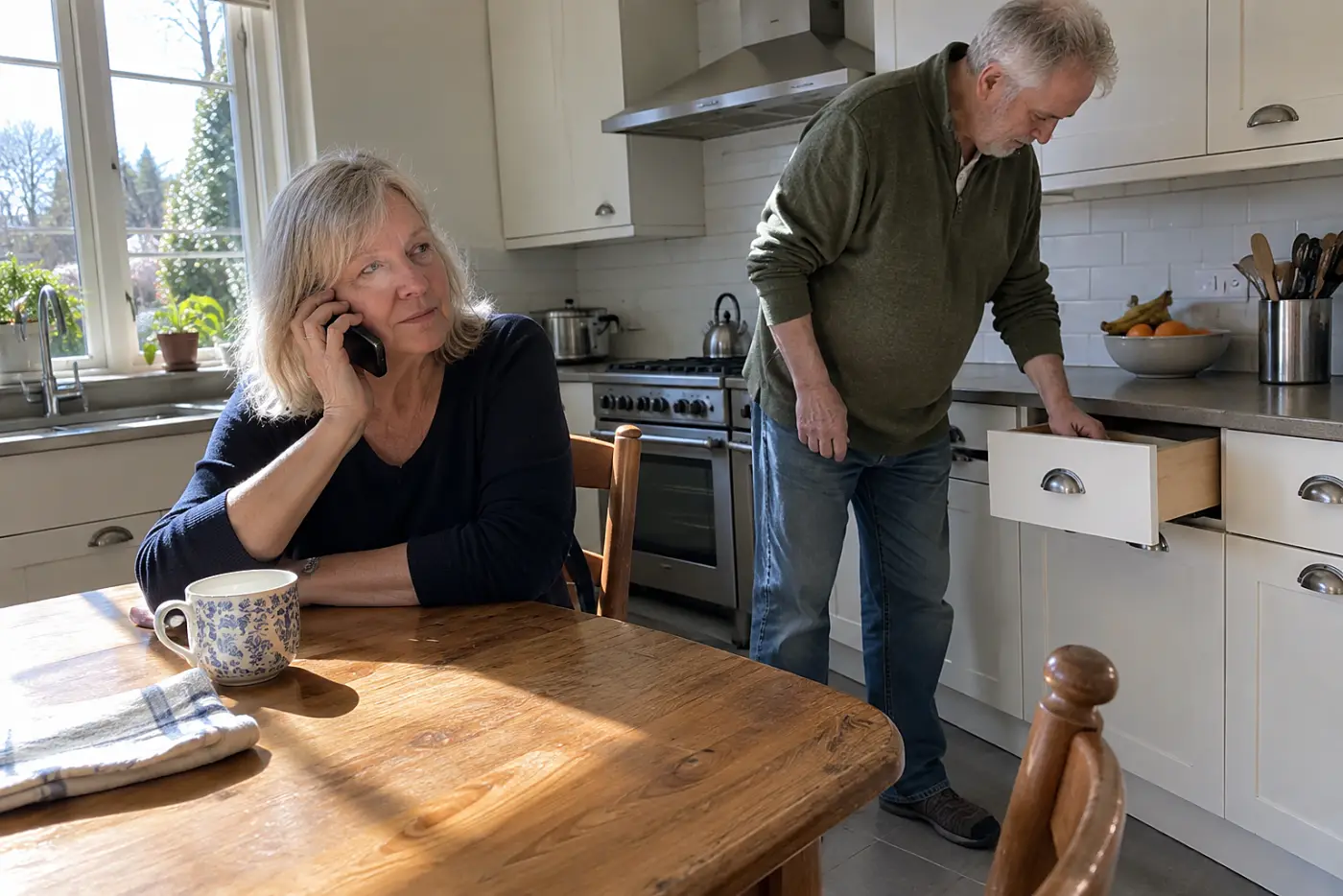 Older woman pausing during a phone call at her kitchen table.
