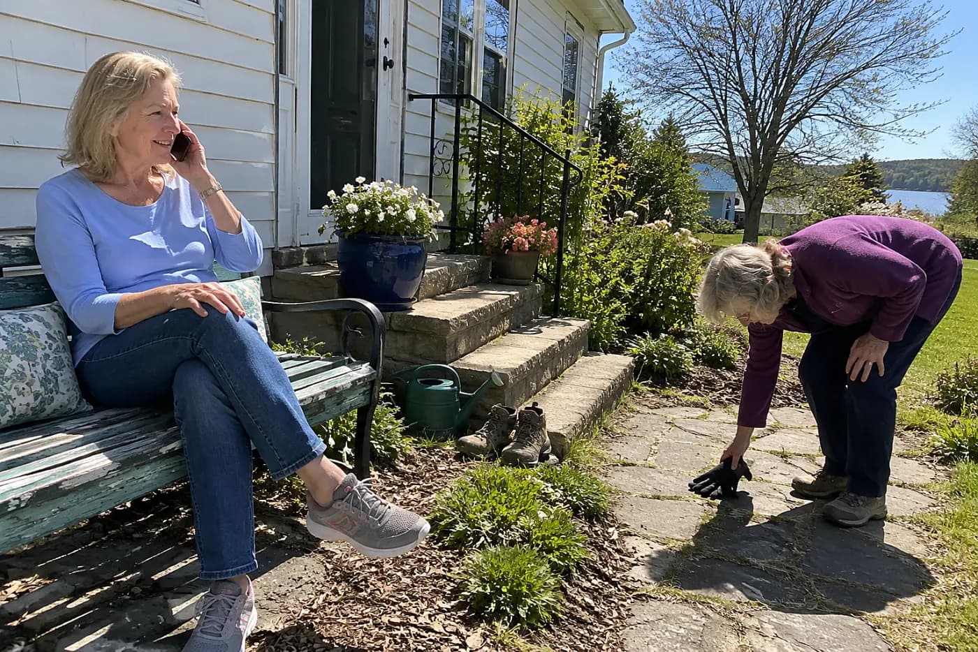 Older woman calling her sister from a bench outside her house.