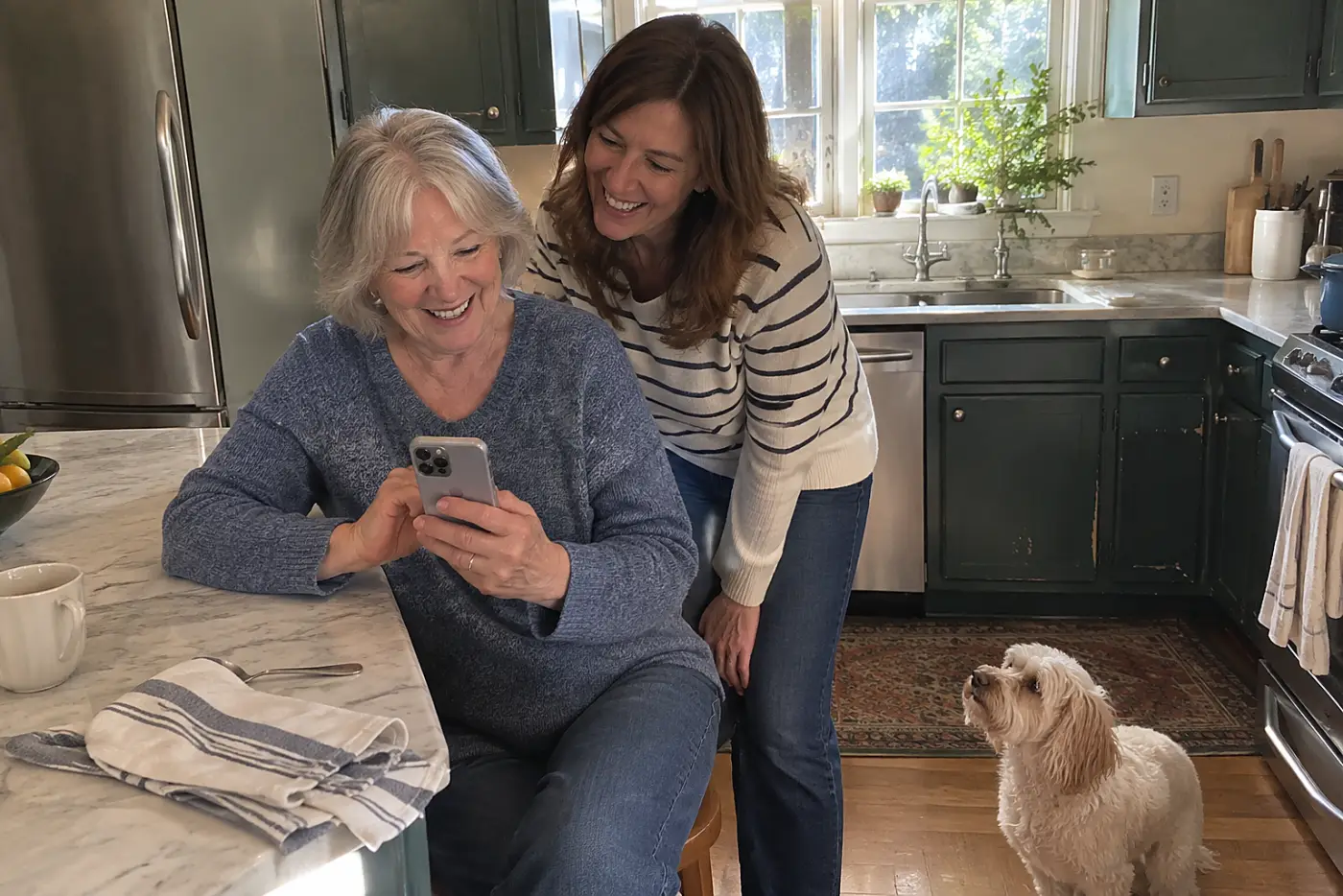 Older woman looking at a photo comment on her phone in her kitchen.