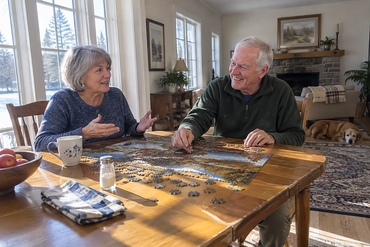 Older woman telling her brother about retirement while they sit at a dining table.