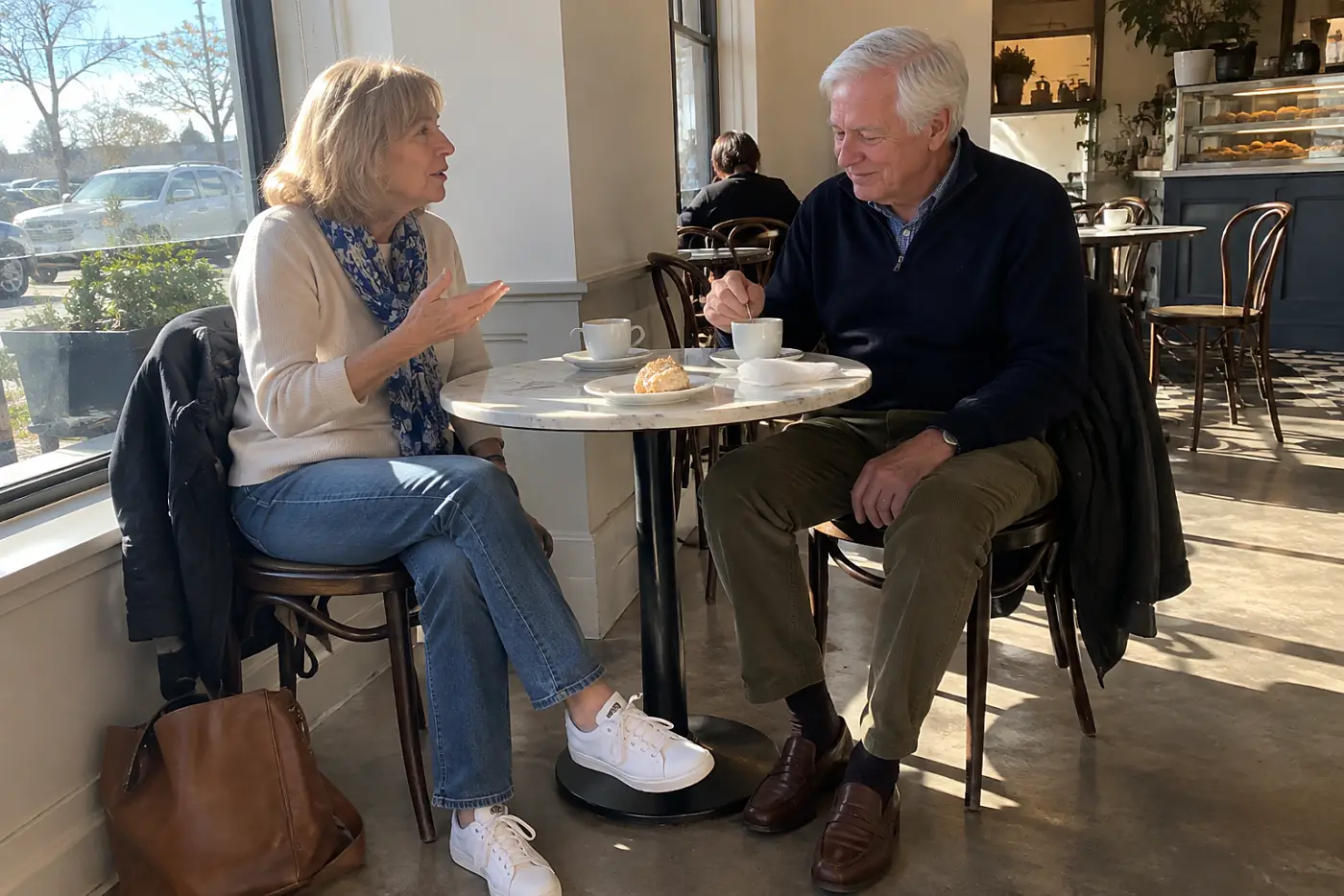 Older woman talking with her sibling across a small cafe table.