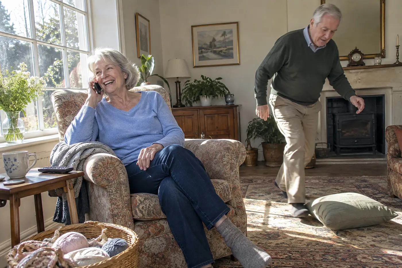 Older woman calling her sister from a chair beside her living room window.