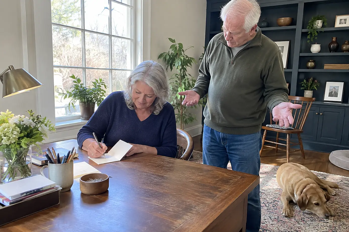 Older woman writing a greeting card to her brother at her desk.