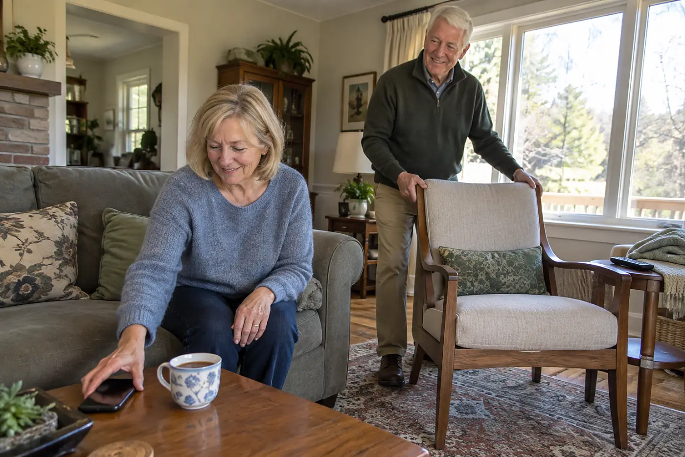 Older woman setting her phone down beside a cup of tea in her living room.