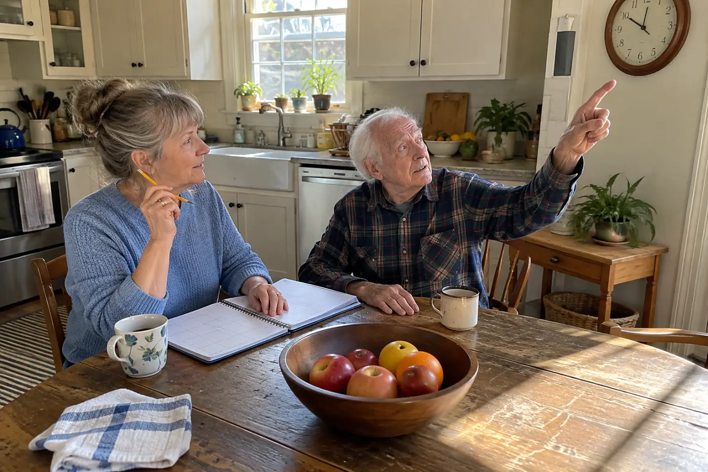 Older woman writing appointment times beside her father at his kitchen table.