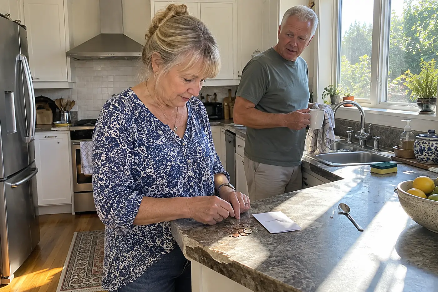 Older woman checking a restaurant receipt at her kitchen counter.