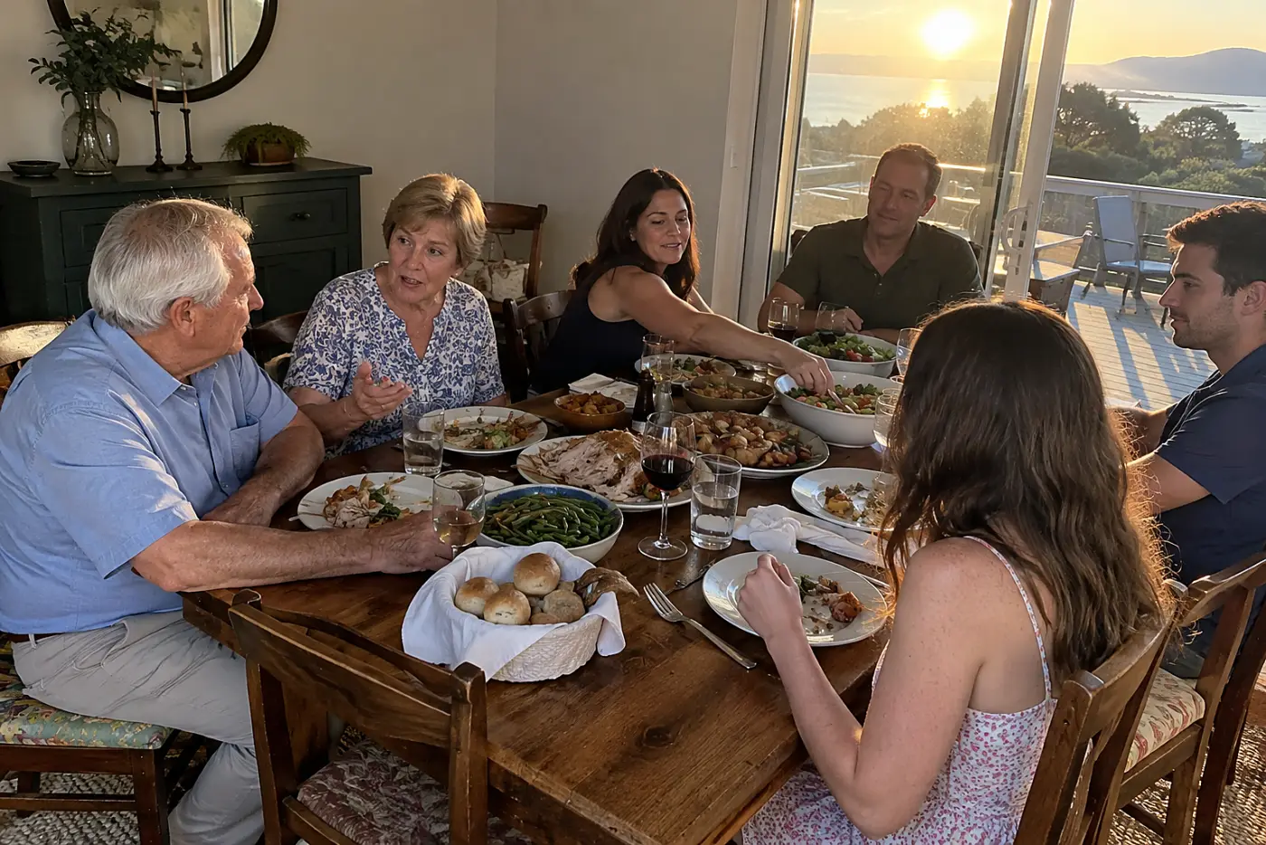 Older woman speaking to her brother across a crowded family dinner table.