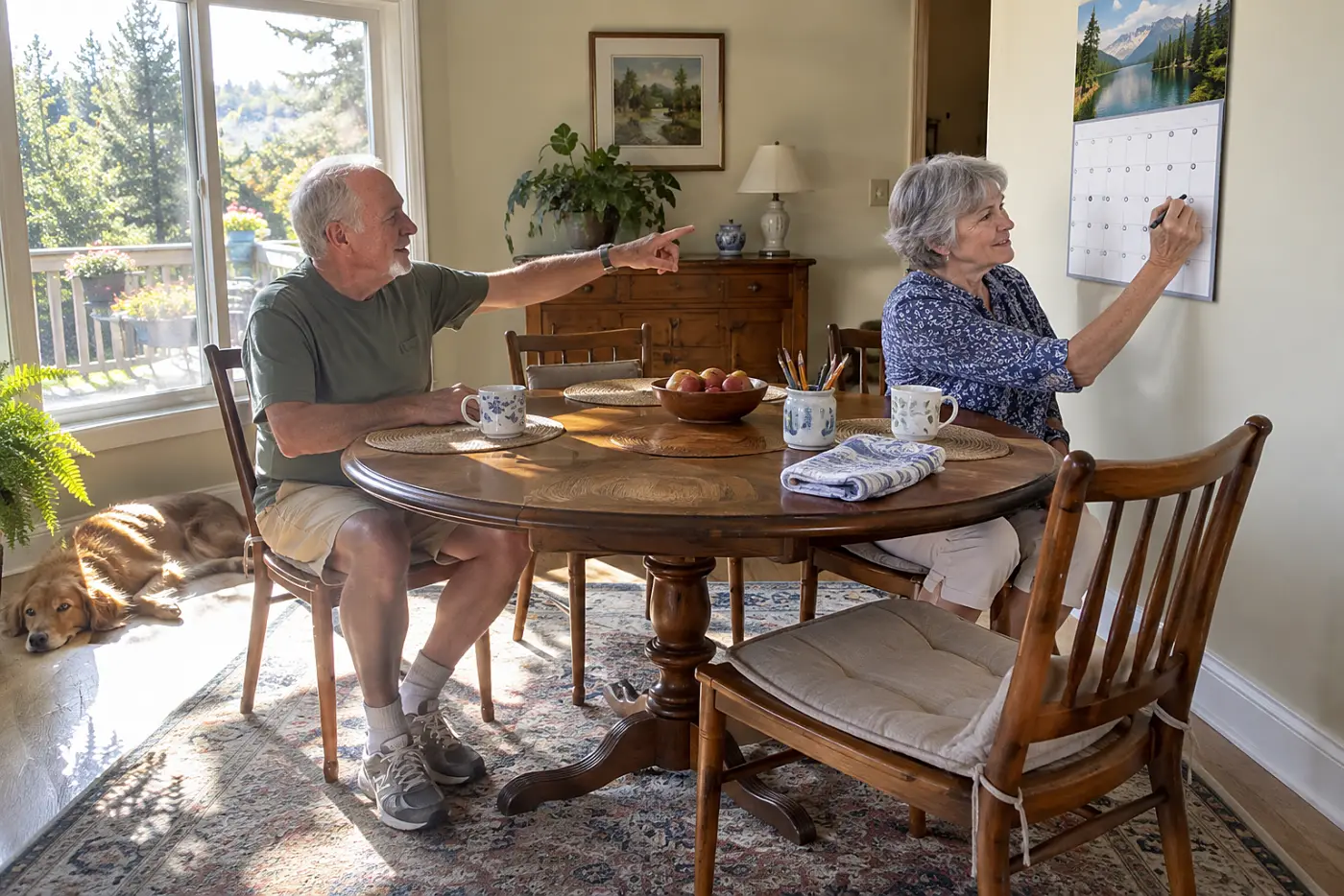 Older woman writing birthday dates on a wall calendar at her dining table.