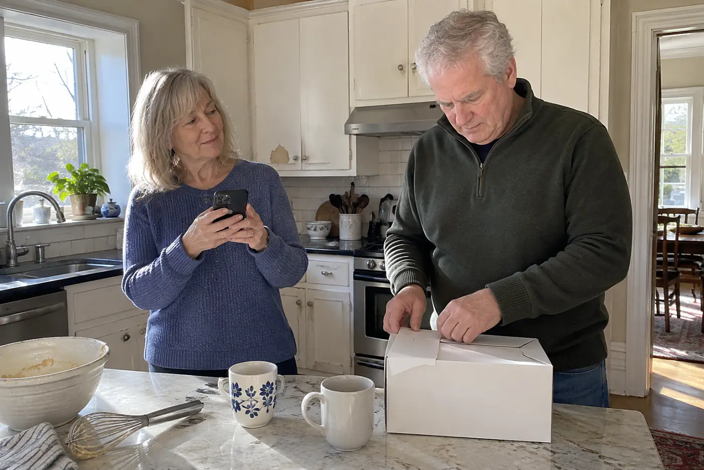 Older woman reading a short reply on her phone beside a cake box in her kitchen.