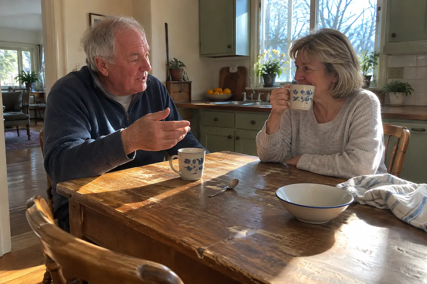 Older woman listening to her sibling across a kitchen table.