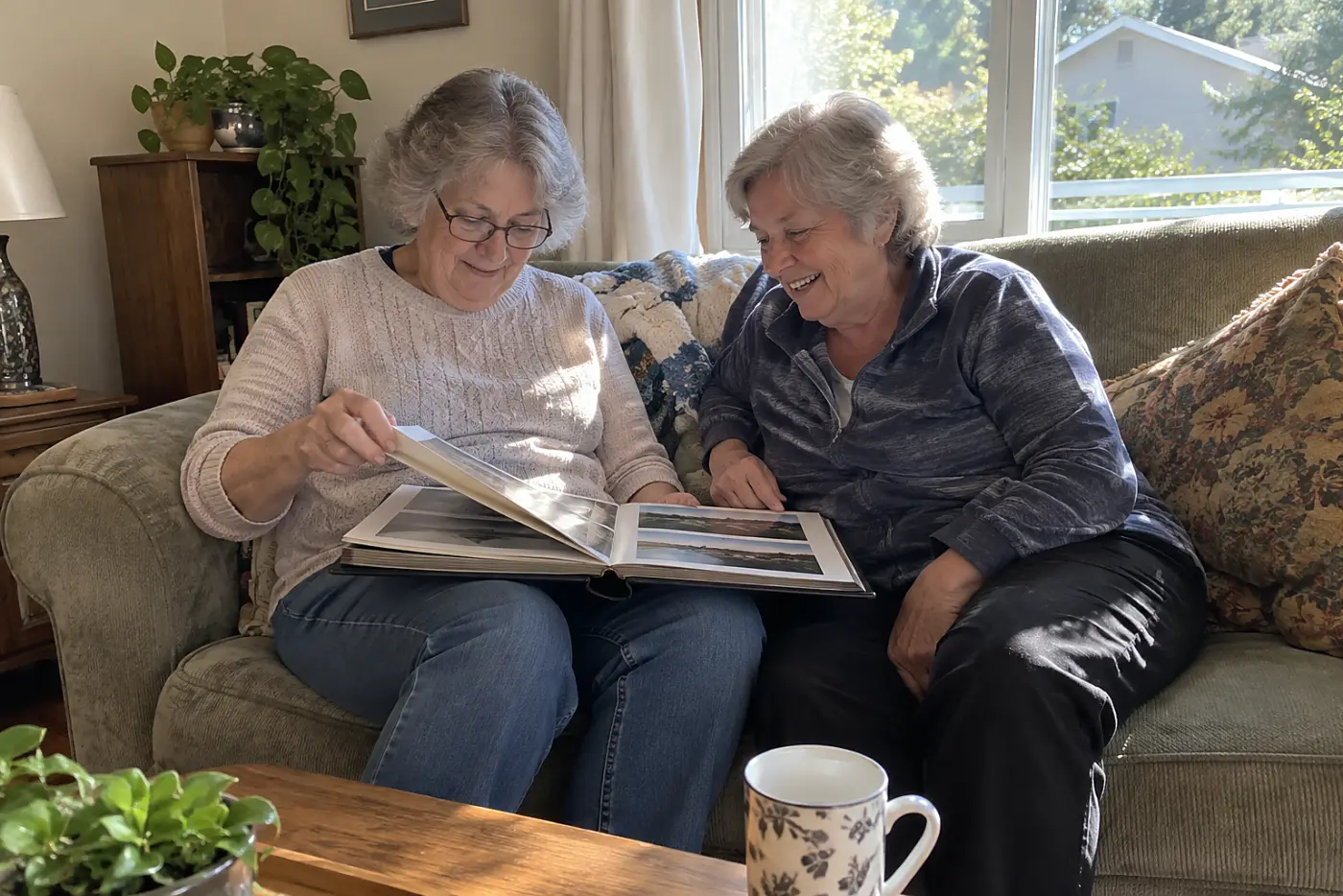 Older woman turning a photo album page with her sibling on a sofa.